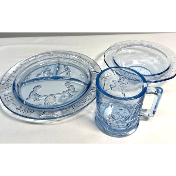 Vintage Margery Daw Childs 3-Piece Blue Nursery Rhyme Dinnerware Tiara Exclusive - Picture 1 of 5